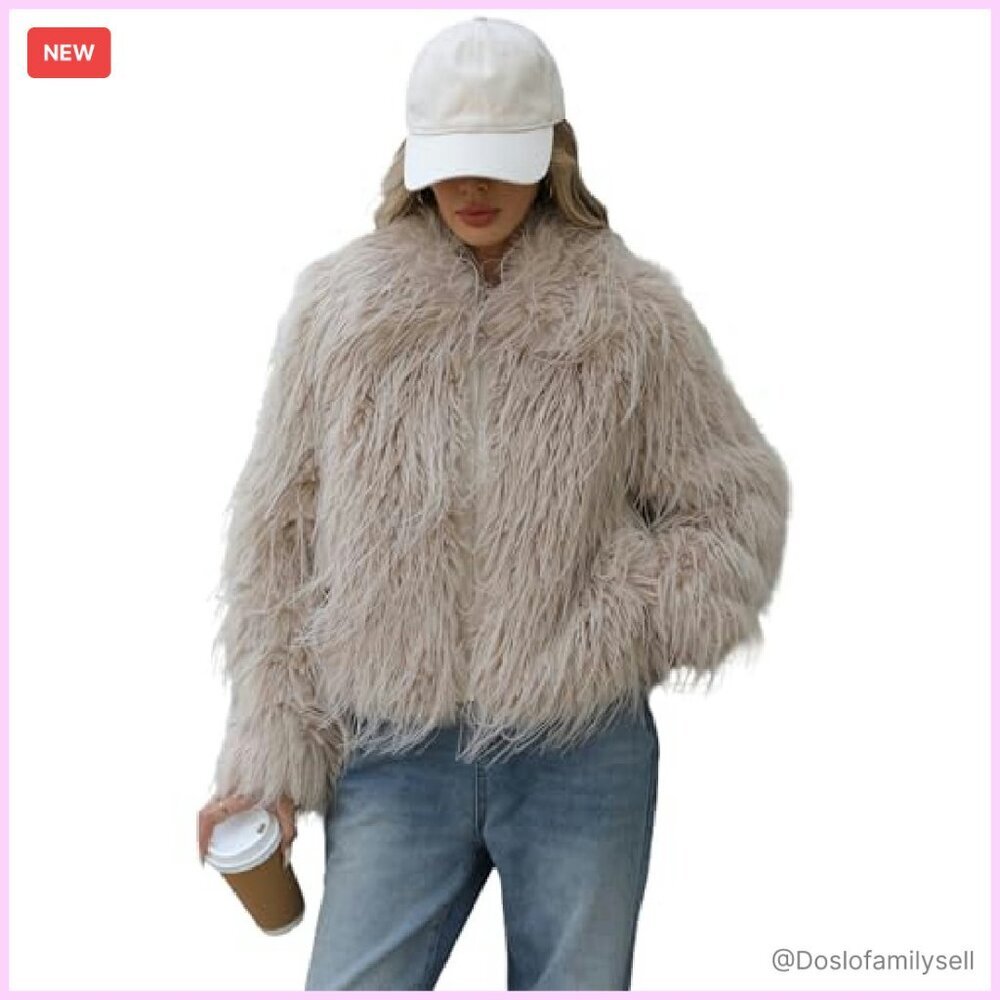 Shaggy Faux Fur Jacket Cropped Style Plush Outerwear Winter Fall Fashion - Picture 2 of 7